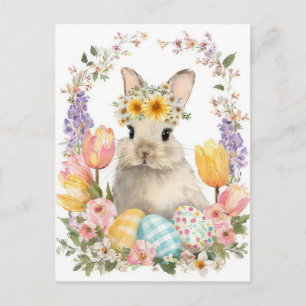 Postal Cartão de Páscoa com Flores e Coelho da Páscoa