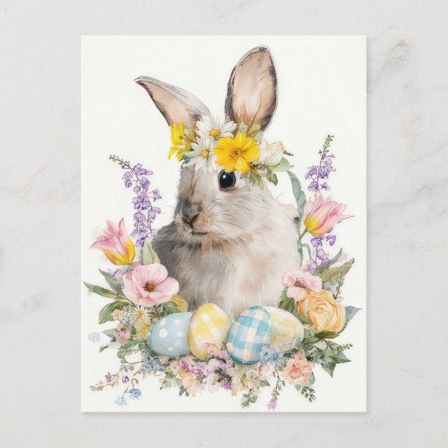 Postal Cartão de Páscoa com Flores e Coelho da Páscoa (Frente)