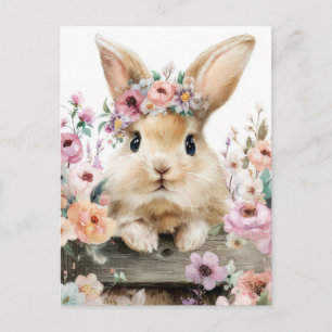 Postal Cartão de Páscoa com Flores e Coelho da Páscoa