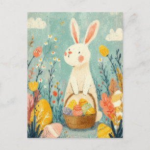 Postal Cartão de Páscoa com Flores e Coelho da Páscoa