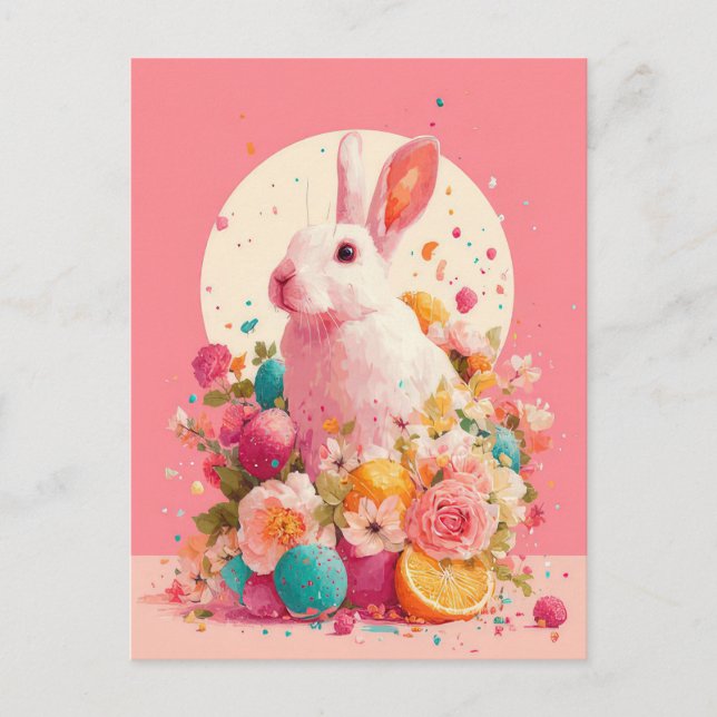 Postal Cartão de Páscoa com Flores e Coelho da Páscoa (Frente)