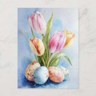 Postal Cartão de Páscoa com Flores e Ovos de Páscoa
