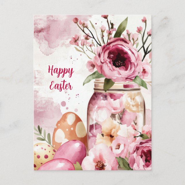 Postal Cartão de Páscoa com Ovos de Páscoa e Flores (Frente)