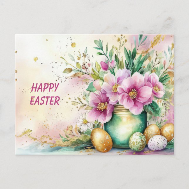 Postal Cartão de Páscoa com Ovos de Páscoa e Flores (Frente)