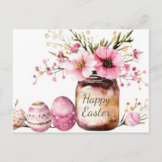 Postal Cartão de Páscoa com Ovos de Páscoa e Flores (Frente)