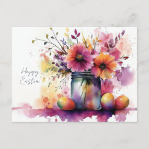 Postal Cartão de Páscoa com Ovos de Páscoa e Flores