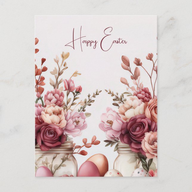 Postal Cartão de Páscoa com Ovos de Páscoa e Flores (Frente)