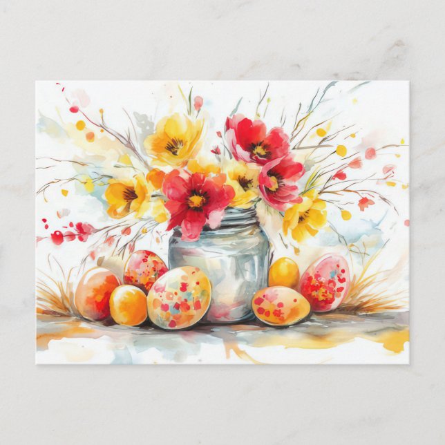 Postal Cartão de Páscoa com Ovos de Páscoa e Flores (Frente)
