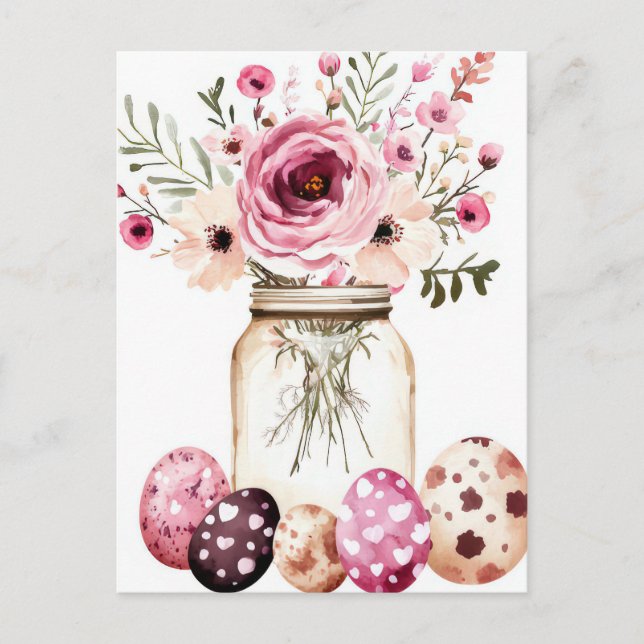 Postal Cartão de Páscoa com Ovos de Páscoa e Flores (Frente)