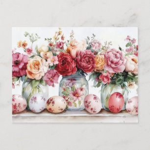 Postal Cartão de Páscoa com Ovos de Páscoa e Flores