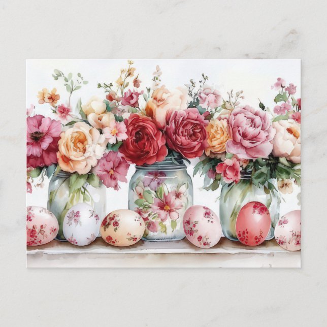 Postal Cartão de Páscoa com Ovos de Páscoa e Flores (Frente)