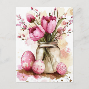 Postal Cartão de Páscoa com Ovos de Páscoa e Flores