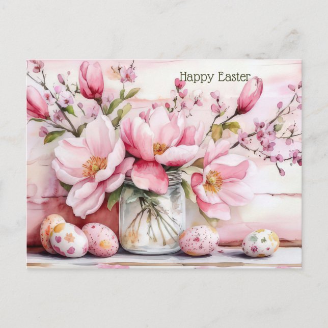 Postal Cartão de Páscoa com Ovos de Páscoa e Flores (Frente)