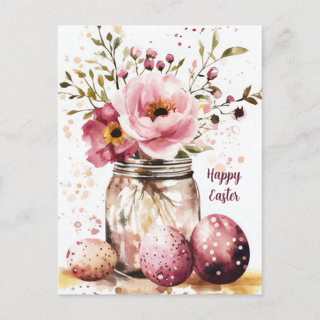 Postal Cartão de Páscoa com Ovos de Páscoa e Flores (Frente)
