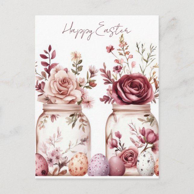 Postal Cartão de Páscoa com Ovos de Páscoa e Flores (Frente)