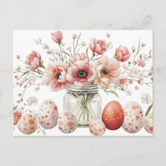 Postal Cartão de Páscoa com Ovos de Páscoa e Flores (Frente)