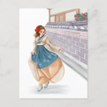 Cartão de posto de hanbok waring, menina coreana