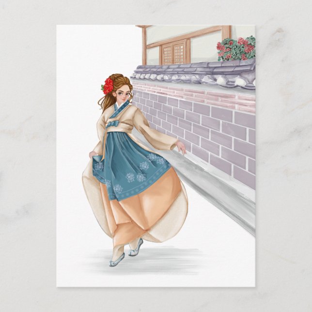Postal Cartão de posto de hanbok waring, menina coreana (Frente)
