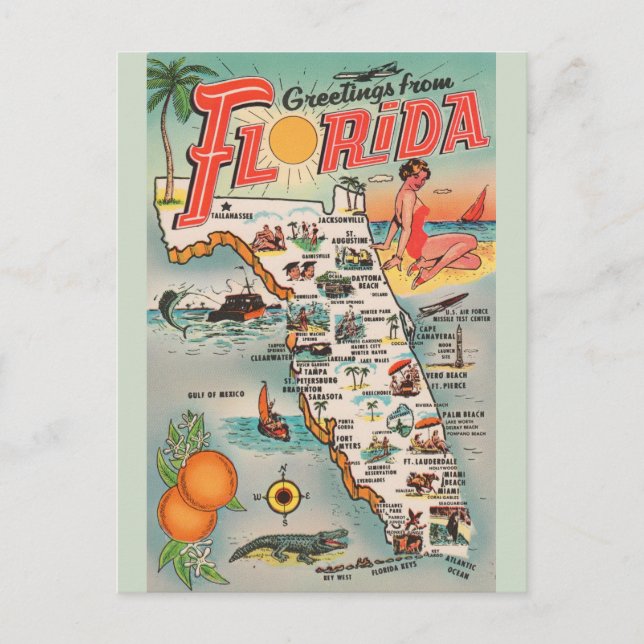 Postal Cartão de Posto Vintage Florida Map (Frente)