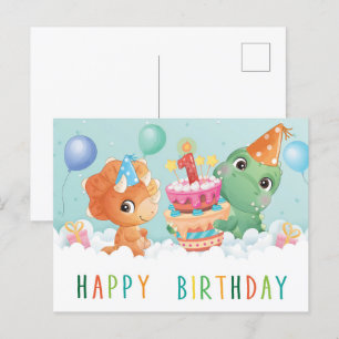 Postal cartão de primeiro aniversario de dinossauro fofo
