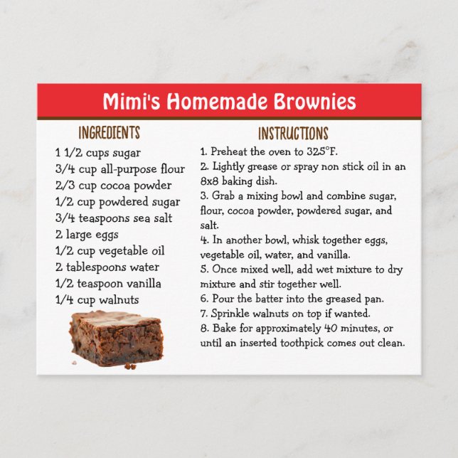 Postal Cartão de Receita de Brownies da Mimi (Frente)