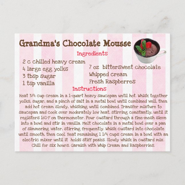 Postal Cartão de Receita de Mousse de Chocolate da Vovó (Frente)