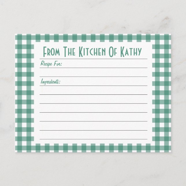 Postal Cartão de Receita Gingham Verde (Frente)