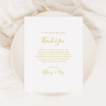 Postal Cartão de Recepção de Agradecimento em Ouro Simple<br><div class="desc">Este cartão de recepção de agradecimento em ouro simples e elegante é perfeito para o seu casamento moderno minimalista branco e dourado. O design apresenta uma fonte dourada contemporânea minimalista acompanhada por caligrafia formal. Mantenha-o como está ou personalize-o com sua própria arte ou fotos!</div>