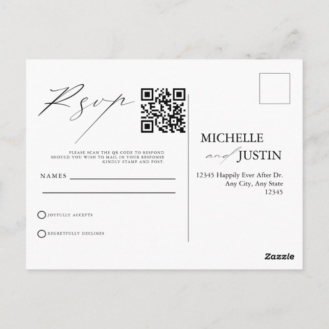 Postal Cartão de Resposta QR Code para Casamento Minimali (Verso)