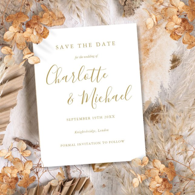Postal Cartão de Salvar a Data de Casamento com Assinatur (Gold Signature Script Wedding Save the Date Card)