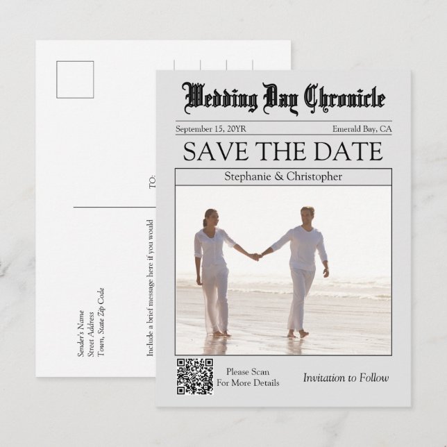 Postal Cartão de Salvar a Data de Casamento com Código QR (Frente/Verso)