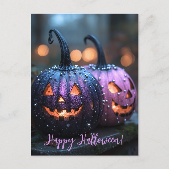 Postal Cartão de Saudação de Halloween de Pumpkins Glitte (Frente)