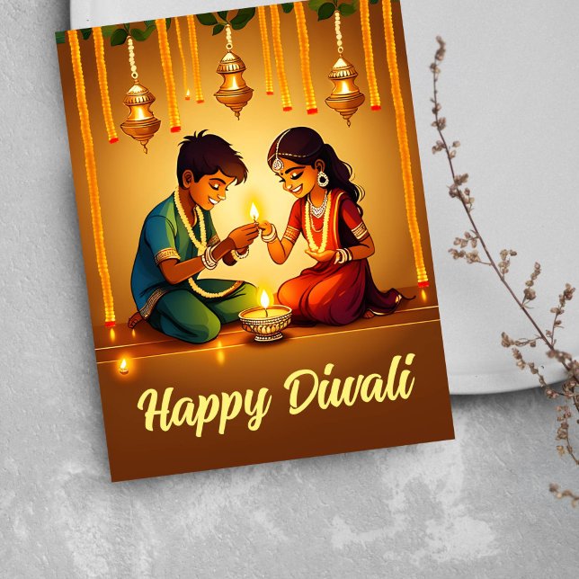 Postal Cartão de saudação Happy Diwali (Happy Diwali greetings postcard Indian boy and Indian girl lighting diya lamps religious greetings )