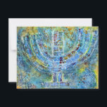 Postal Cartão de Saudação Menorah Azul (Dentro de Vazio)<br><div class="desc">O trabalho artístico original deste menorah é uma pintura mestiça criada com tinta acrílica,  pasta de modelagem e papel do artista judeu contemporâneo Meredith Gould.</div>