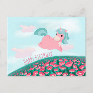 Postal Cartão de Unicórnio de Desenho Animado Fofo Rosa e