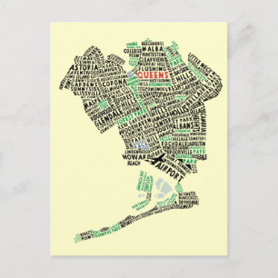 Postal Cartão do mapa da tipografia do Queens NYC