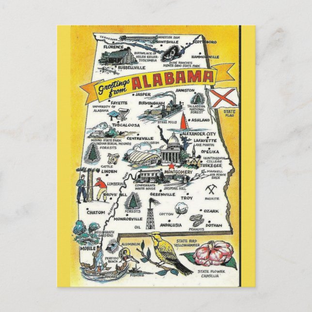 Postal Cartão do mapa do estado de Alabama (Frente)