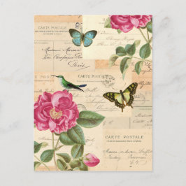 Postal Cartão feminino do vintage com rosas e borboletas