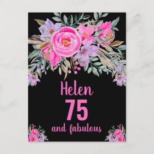 Postal Cartão floral cor-de-água preto-rosa-75 anos