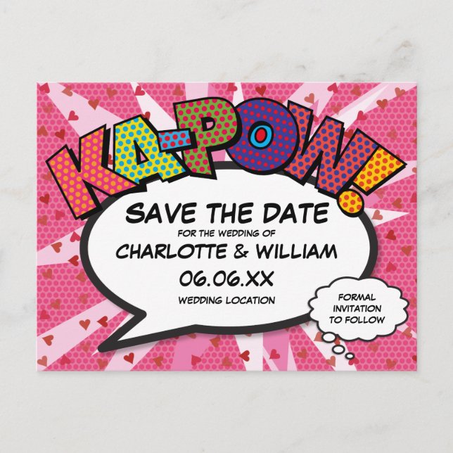 Postal Cartão Moderno de Divulgação de Data KAPOW Rosa (Frente)