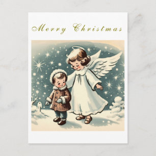 Postal Cartão Plano de Natal Vintage com Anjo e Criança