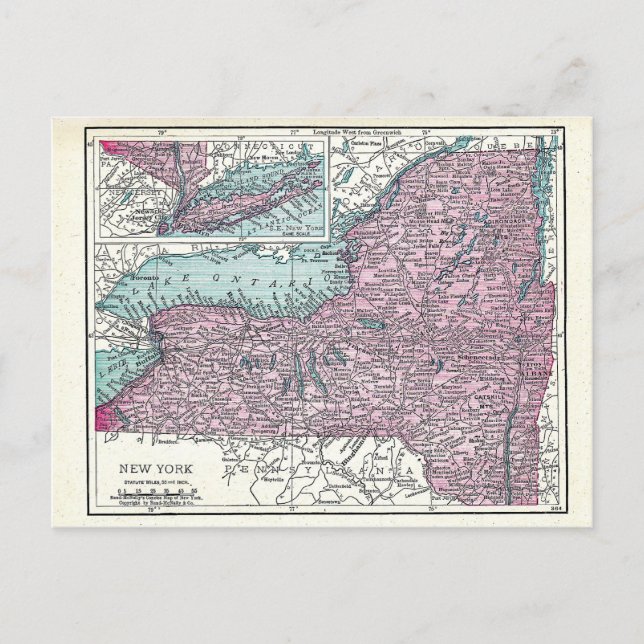 Postal Cartão Postal:  Mapa de Nova Iorque, 1921 (Frente)