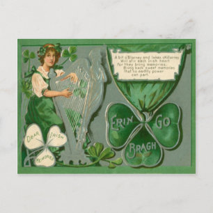 Postal Cartão Vintage do Dia de São Patrício Maid Harp of