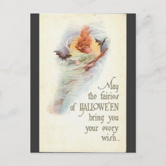 Postal cartão vintage-halloween-mulher-morcegos-vassoura