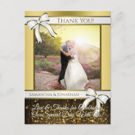 Postal Casamento de Fita Branca e Dourada Obrigado Cartão