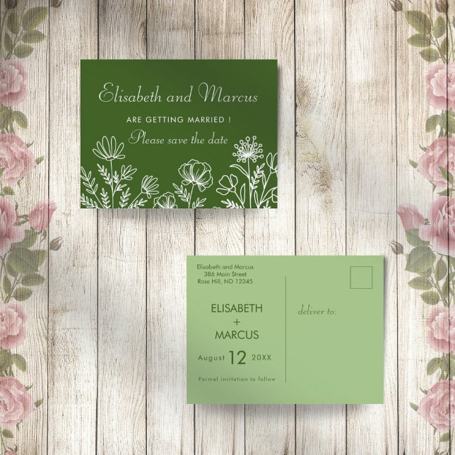 Postal Casamento floral verde-oliva guardar cartão de dat (Criador carregado)
