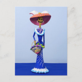 Postal Catrina num Vestido Azul e Chapéu Rosa Cartão Post