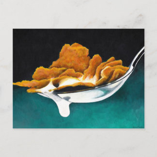 Postal Colher de cartão da pintura do cereal e do leite