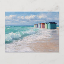 Coloridas Cabines de Praia Arte Costeira Cartão Po
