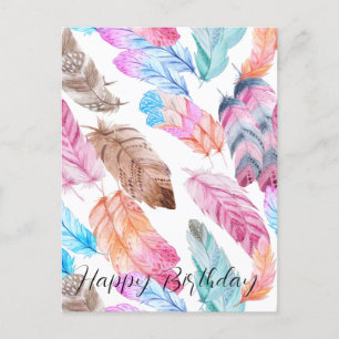 Postal Colorido Feliz Aniversário Cartão de Boho Penas